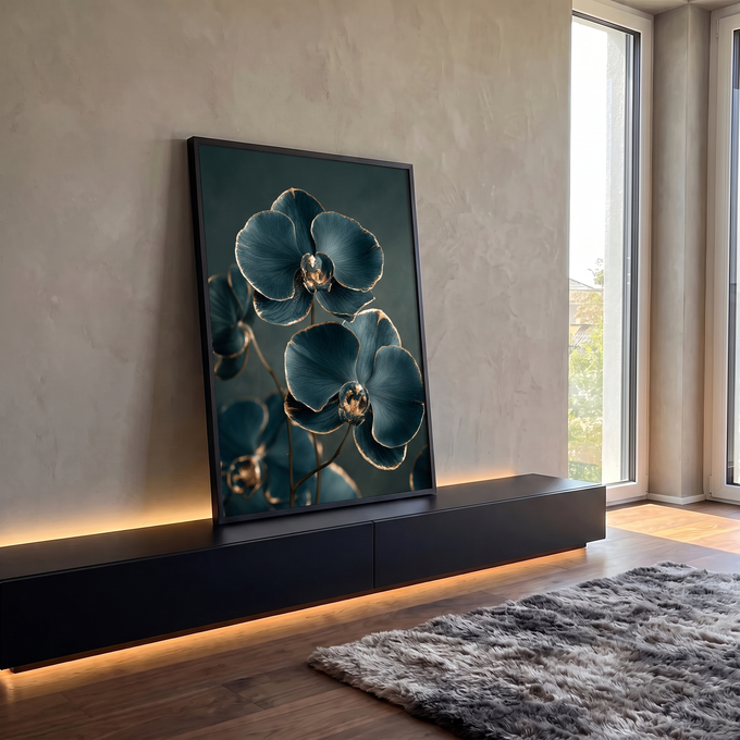 Quadro Decorativo Orquídea Azul Petróleo com Borda Dourada | quadros decorativos para sala | orquídeas azul petróleo com bordas douradas em fundo escuro | em Quadros para Sala | Porao dos Quadros