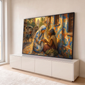 Madre Teresa ajoelhada segurando as mãos de uma idosa numa rua da Índia em estilo mosaico, quadro decorativo
