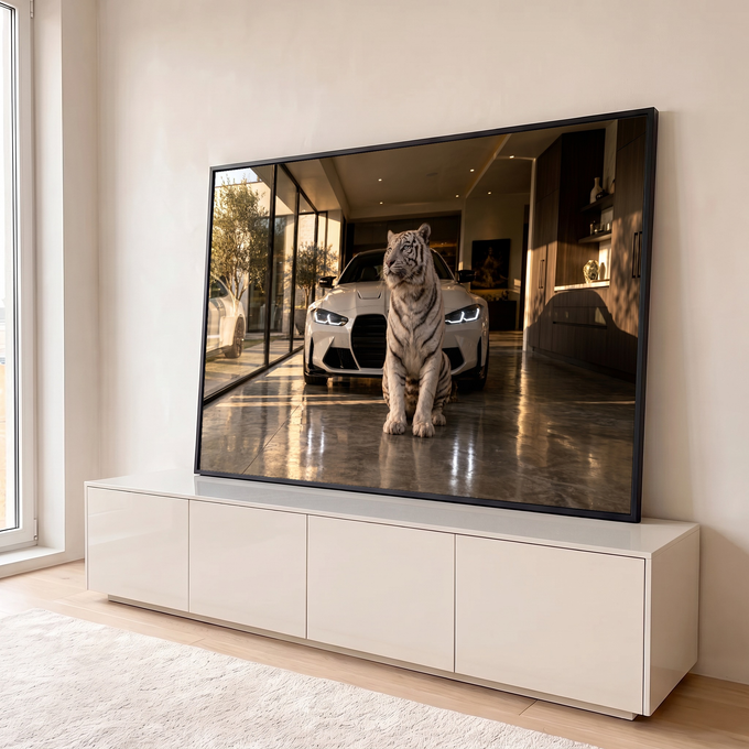 Quadro Decorativo Grande Tigre Sentado para Sala Branco | quadros decorativos para sala | tigre branco de olhos azuis sentado em hall com carro esportivo ao fundo | em Quadros para Sala | Porao dos Quadros