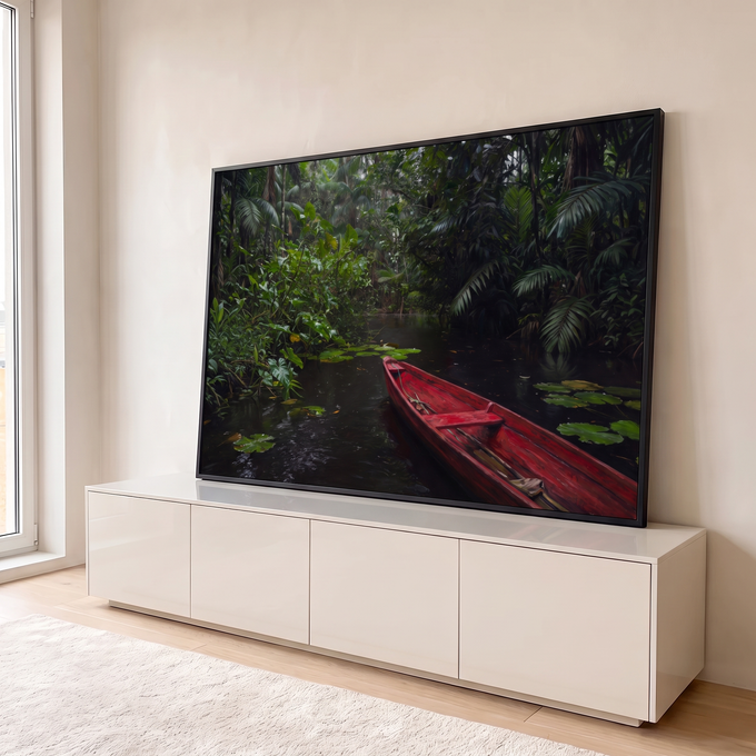 Canoa vermelha num rio escuro entre palmeiras e vitórias-régias da floresta amazônica, quadro decorativo