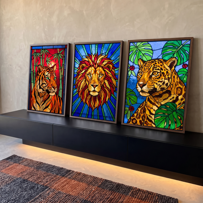 Quadro Decorativo Grande Trio com Leão para Sala Vermelho | quadros decorativos para sala | trio de felinos tigre leão e onça em estilo vitral colorido | em Quadros para Sala | Porao dos Quadros