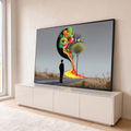 Quadro Decorativo Grande Homem Observando para Sala Preto | quadros decorativos para sala | homem de terno observando lua surreal com olho gigante e cores vibrantes escorrendo | em Quadros para Sala | Porao dos Quadros