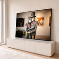 Quadro Decorativo Grande Casal Art Deco para Sala Cinza | quadros decorativos para sala | casal estilizado art déco com coração vermelho pintado no peito do homem | em Quadros para Sala | Porao dos Quadros