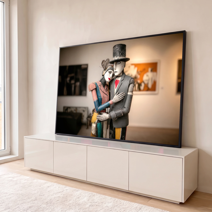Quadro Decorativo Grande Casal Art Deco para Sala Cinza | quadros decorativos para sala | casal estilizado art déco com coração vermelho pintado no peito do homem | em Quadros para Sala | Porao dos Quadros