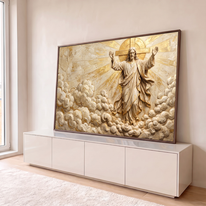 Jesus de braços abertos sobre nuvens com cruz e raios dourados em textura bege, quadro decorativo
