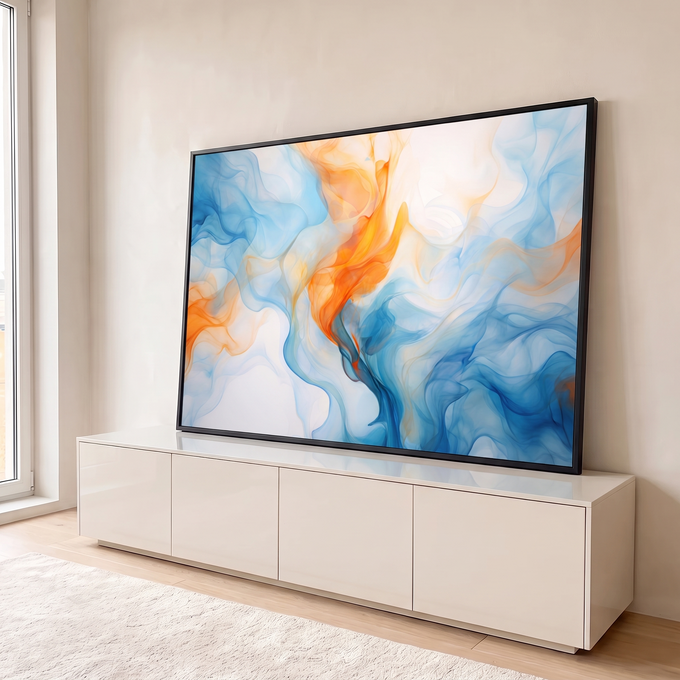 Quadro Decorativo Grande Abstrato Fumaça para Sala Azul | quadros decorativos para sala | fumaça abstrata azul e laranja fluindo sobre fundo branco | em Quadros para Sala | Porao dos Quadros