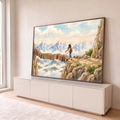 Quadro Decorativo Grande Ponte de Livros Azul para Sala | quadros decorativos para sala | mulher atravessando ponte de livros coloridos entre montanhas nevadas em aquarela | em Quadros para Sala | Porao dos Quadros
