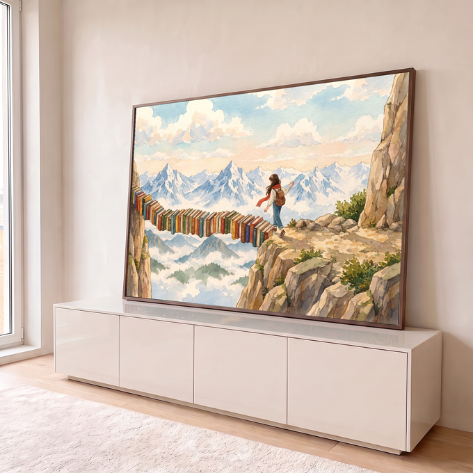 Quadro Decorativo Grande Ponte de Livros Azul para Sala | quadros decorativos para sala | mulher atravessando ponte de livros coloridos entre montanhas nevadas em aquarela | em Quadros para Sala | Porao dos Quadros