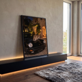 Quadro Decorativo Grande Leopardo para Sala Preto | quadros decorativos para sala | leopardo deitado sobre capô de carro preto em frente a casa noturna iluminada | em Quadros para Sala | Porao dos Quadros