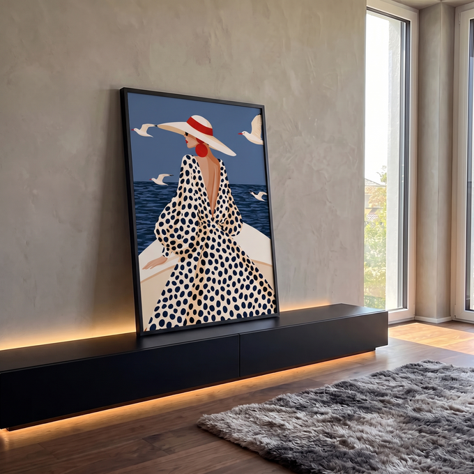 Quadro Decorativo Grande Mulher de Chapéu Bege para Sala | quadros decorativos para sala | mulher de costas com chapéu vermelho e vestido de poá diante do mar com gaivotas | em Quadros para Sala | Porao dos Quadros