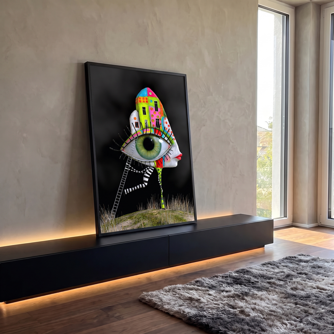 Rosto surreal em perfil com olho verde gigante, casas coloridas, escada e pernas listradas, quadro decorativo