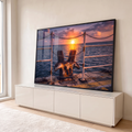 Quadro Decorativo Grande Pôr do Sol Píer para Sala | quadros decorativos para sala | cabeço de amarração enferrujado com pôr do sol e veleiro ao fundo | em Quadros para Sala | Porao dos Quadros