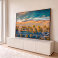 Vista aérea de praia com mar turquesa, areia dourada e fileira de palmeiras ao pôr do sol, quadro decorativo
