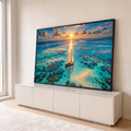 Quadro Decorativo Grande Veleiro em Águas para Sala Azul | quadros decorativos para sala | veleiro branco em águas turquesa com recifes de coral ao pôr do sol | em Quadros para Sala | Porao dos Quadros