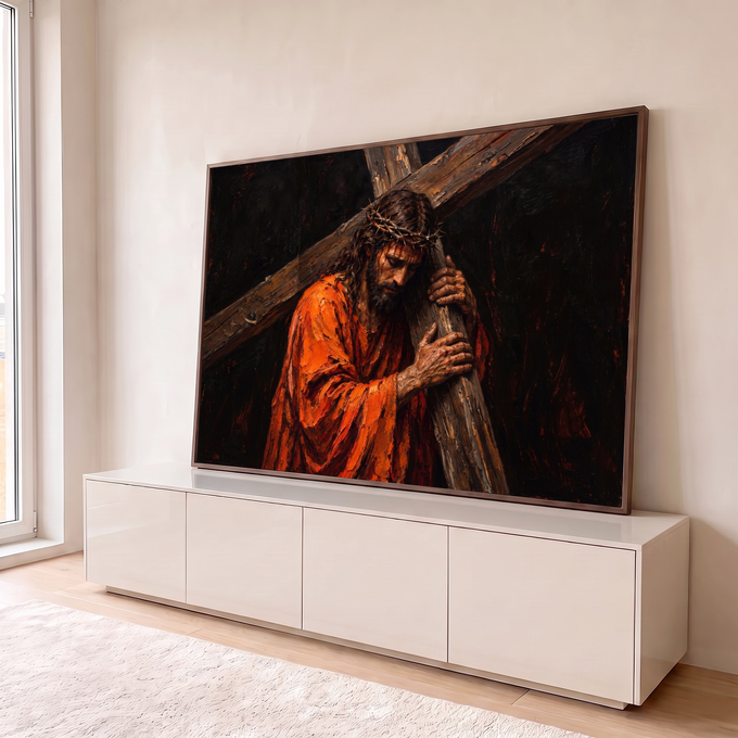 Pintura a óleo de Jesus Cristo com coroa de espinhos e manto laranja carregando a cruz, quadro decorativo