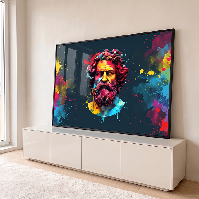 Busto grego barbudo coberto de respingos de tinta colorida sobre fundo azul escuro, quadro decorativo