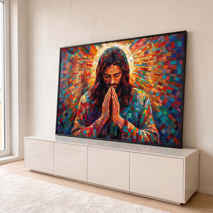 Quadro Decorativo Grande Jesus em Oração Mosaico para Sala | quadros decorativos para sala | Jesus em oração com mãos postas e halo dourado em fundo de mosaico colorido | em Quadros para Sala | Porao dos Quadros