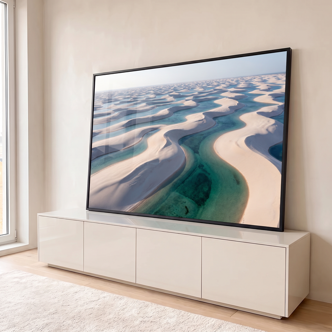 Quadro Decorativo Grande Paisagem Dunas para Sala Branco | quadros decorativos para sala | vista aérea de dunas brancas com lagoas de água turquesa serpenteantes | em Quadros para Sala | Porao dos Quadros
