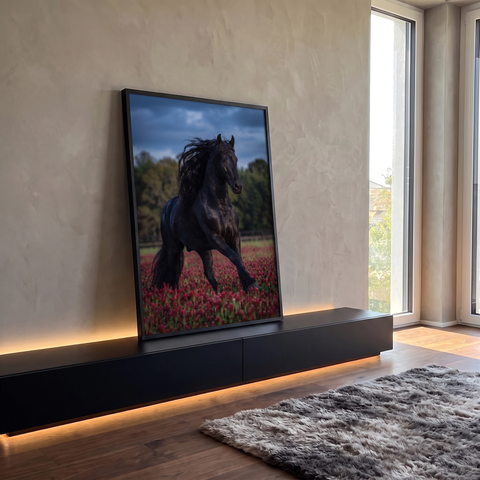 Cavalo preto de crina longa trotando em campo de flores vermelhas sob céu escuro, quadro decorativo