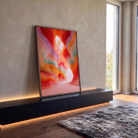 Cânion surreal em camadas onduladas vermelhas, laranja, rosa e turquesa com luz ao fundo, quadro decorativo