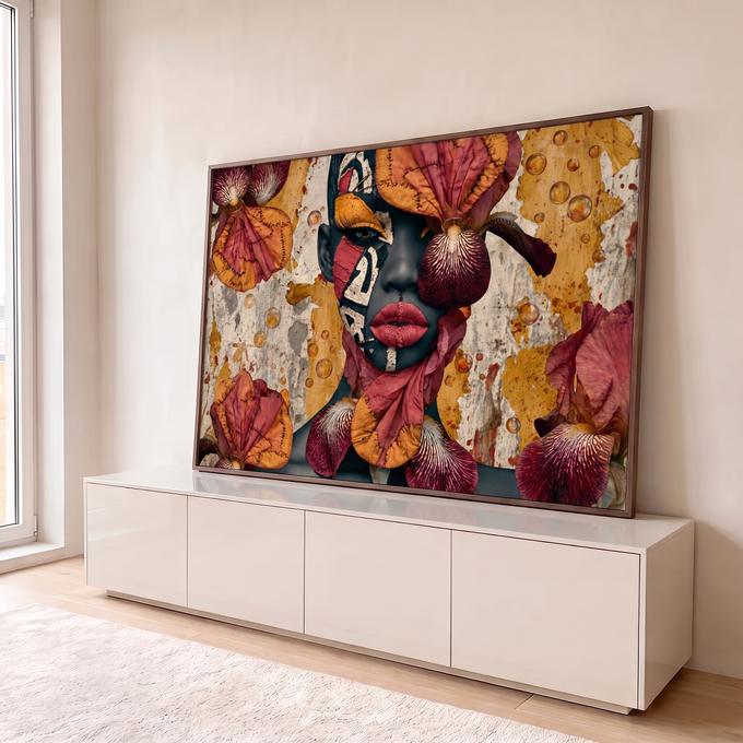 Rosto de mulher negra com pintura tribal, flores íris costuradas e bolhas em fundo dourado, quadro decorativo