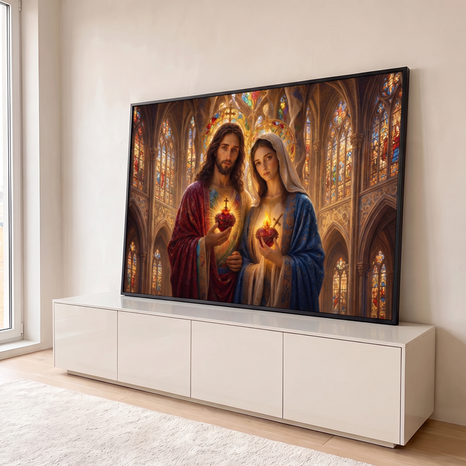 Jesus e Maria segurando corações sagrados em chamas em catedral gótica com vitrais, quadro decorativo