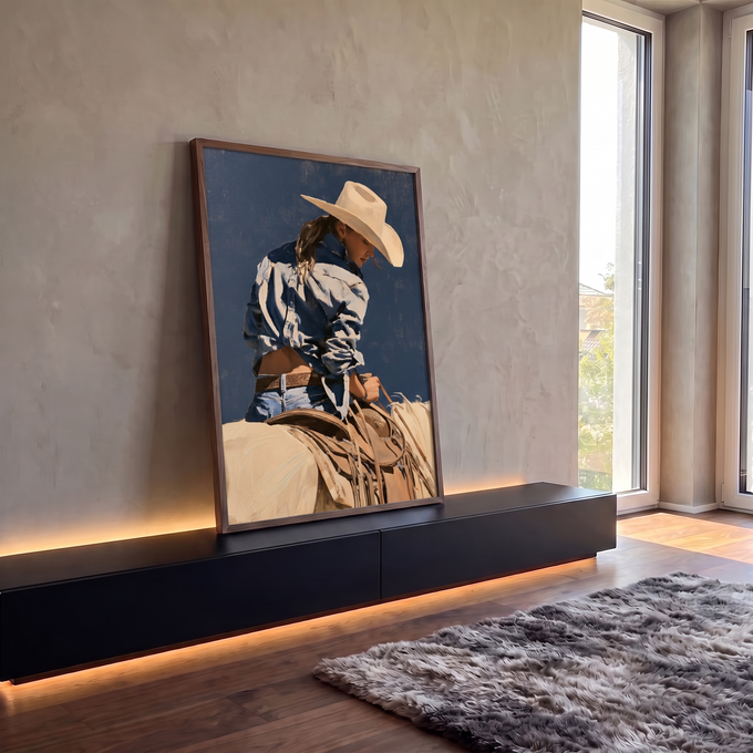 Quadro Decorativo Cowgirl de Chapéu com Cavalo Branco | quadros decorativos para sala | cowgirl de chapéu inclinada sobre cavalo branco ajustando as rédeas | em Quadros para Sala | Porao dos Quadros