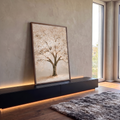 Quadro Decorativo Árvore Florida Branca com Luzes Douradas | quadros decorativos para sala | árvore florida branca com pinceladas texturizadas e pontos de luz dourada | em Quadros para Sala | Porao dos Quadros