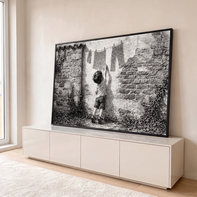 Quadro Decorativo Grande Menino Alcançando para Sala Preto | quadros decorativos para sala | menino de costas alcançando roupas num varal junto a parede de pedra em preto e branco | em Quadros para Sala | Porao dos Quadros