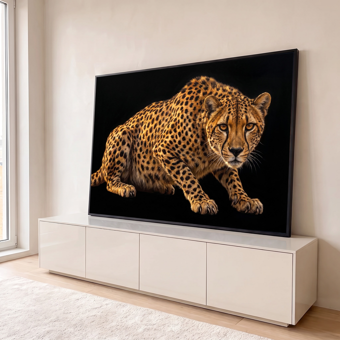 Quadro Decorativo Grande Guepardo Agachado para Sala Preto | quadros decorativos para sala | guepardo agachado com manchas pretas e olhar intenso sobre fundo preto | em Quadros para Sala | Porao dos Quadros