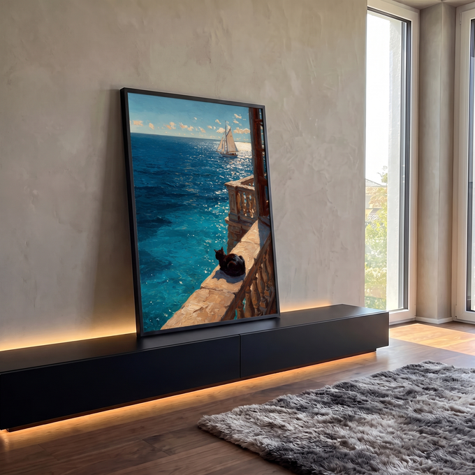 Quadro Decorativo Grande Gato Preto Azul para Sala | quadros decorativos para sala | gato preto deitado em varanda de pedra observando veleiro no mar azul | em Quadros para Sala | Porao dos Quadros