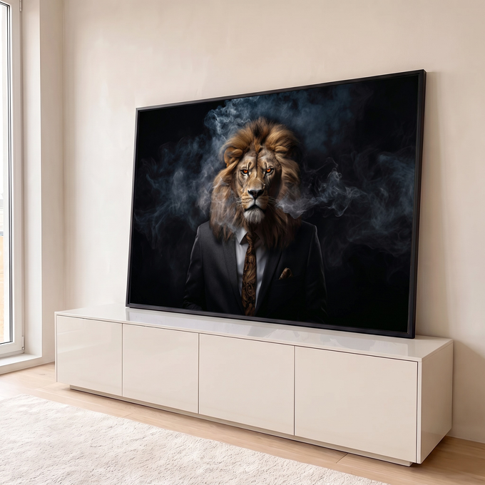 Quadro Decorativo Grande Leão de Terno para Sala Preto | quadros decorativos para sala | leão com corpo humano de terno preto e olhos laranja em fundo com fumaça | em Quadros para Sala | Porao dos Quadros