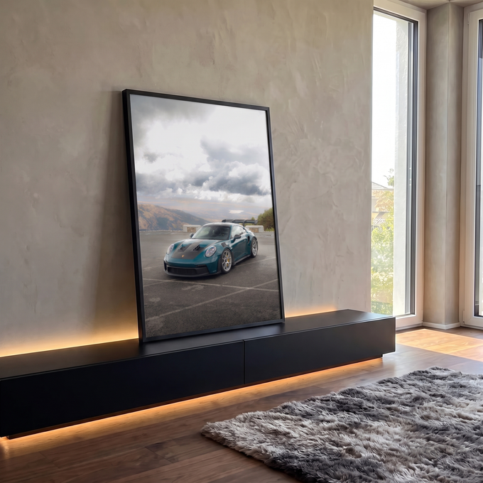 Quadro Decorativo Grande Carro Esportivo para Sala Verde | quadros decorativos para sala | carro esportivo verde escuro com aerofólio preto em mirante de montanha | em Quadros para Sala | Porao dos Quadros