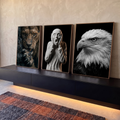 Quadro Decorativo Kit 3 Telas Leão Figura para Sala Preto | quadros decorativos para sala | leão, figura de mármore gritando e águia em preto e branco em três painéis | em Quadros para Sala | Porao dos Quadros