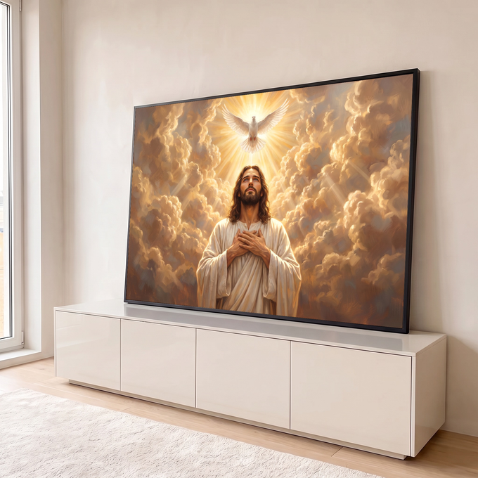 Jesus com as mãos no peito olhando a pomba do Espírito Santo entre nuvens douradas, quadro decorativo