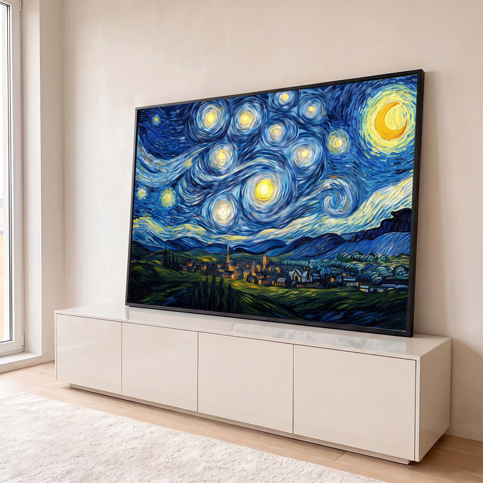 Céu em espirais azuis com estrelas e lua sobre vila e montanhas, estilo Van Gogh, quadro decorativo