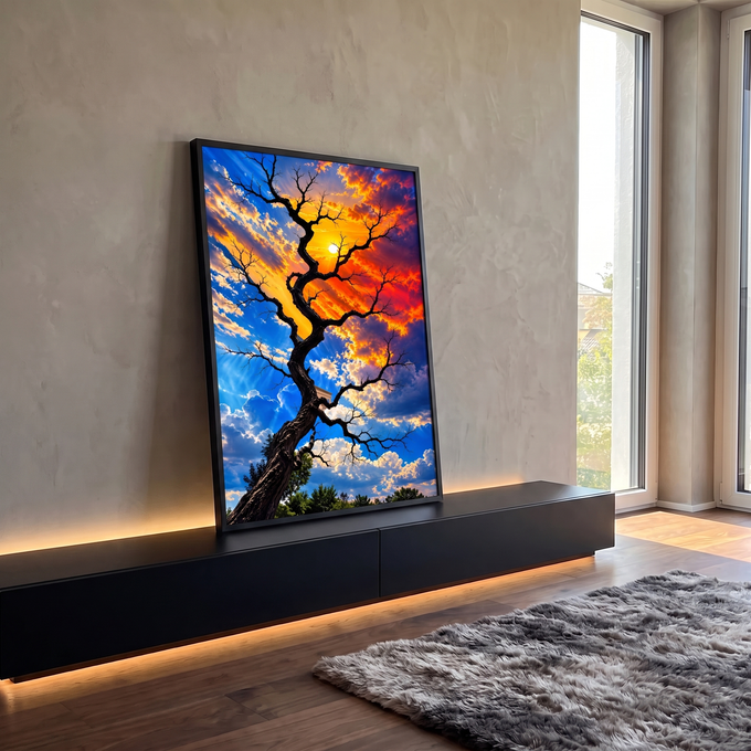 Quadro Decorativo Grande Árvore Seca Silhueta para Sala Azul | quadros decorativos para sala | árvore seca em silhueta contra céu dividido entre azul e pôr do sol laranja | em Quadros para Sala | Porao dos Quadros