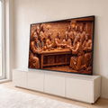 Quadro Decorativo Grande Última Ceia Madeira para Sala | quadros decorativos para sala | Última Ceia em efeito de talha de madeira marrom com Jesus e apóstolos à mesa | em Quadros para Sala | Porao dos Quadros