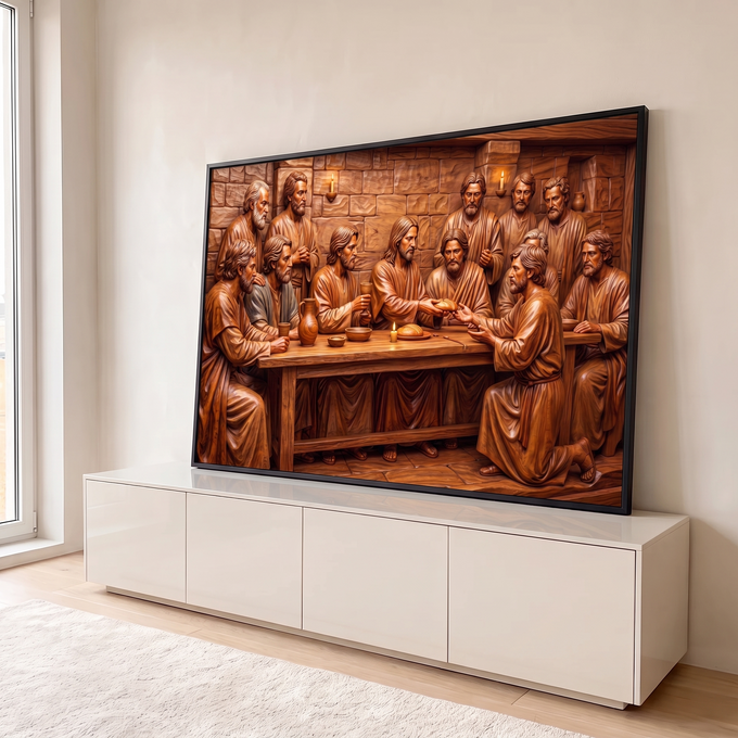 Quadro Decorativo Grande Última Ceia Madeira para Sala | quadros decorativos para sala | Última Ceia em efeito de talha de madeira marrom com Jesus e apóstolos à mesa | em Quadros para Sala | Porao dos Quadros
