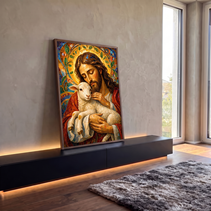 Quadro Decorativo Grande Jesus Bom Pastor para Sala | quadros decorativos para sala | Jesus Cristo segurando um cordeiro branco em mosaico dourado e vermelho | em Quadros para Sala | Porao dos Quadros