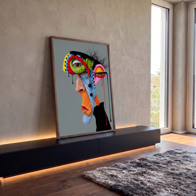 Rosto surreal com retalhos coloridos, três olhos, costuras e gotas pretas e vermelhas, quadro decorativo