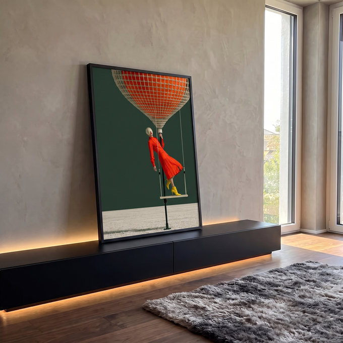 Mulher de vestido laranja e botas amarelas em balanço sob balão de rede, fundo verde, quadro decorativo