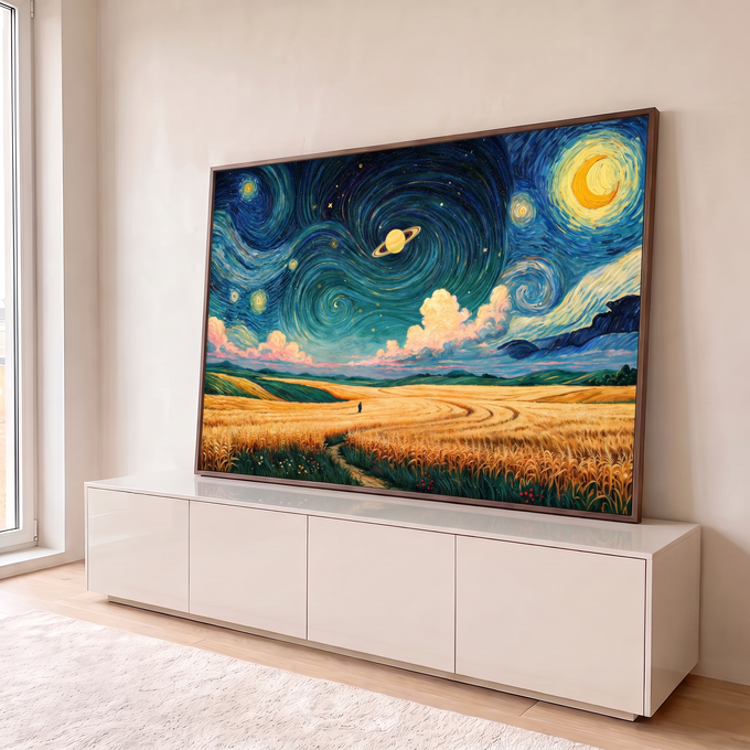 Quadro Decorativo Grande Céu Estrelado para Sala Azul | quadros decorativos para sala | céu em espirais azuis com lua, planeta e estrelas sobre campo de trigo dourado | em Quadros para Sala | Porao dos Quadros