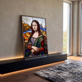 Quadro Decorativo Grande Mona Lisa para Sala Vermelho | quadros decorativos para sala | retrato feminino estilo vitral colorido com véu vermelho e paisagem montanhosa ao fundo | em Quadros para Sala | Porao dos Quadros