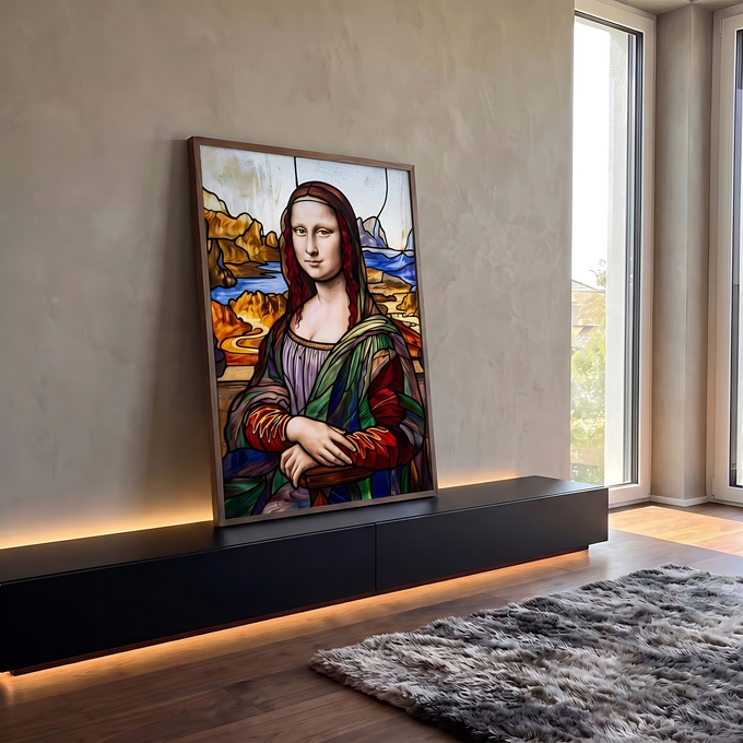 Quadro Decorativo Grande Mona Lisa para Sala Vermelho | quadros decorativos para sala | retrato feminino estilo vitral colorido com véu vermelho e paisagem montanhosa ao fundo | em Quadros para Sala | Porao dos Quadros