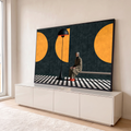 Figura de casaco xadrez sentada num banco junto a uma luminária preta e círculos laranja, quadro decorativo