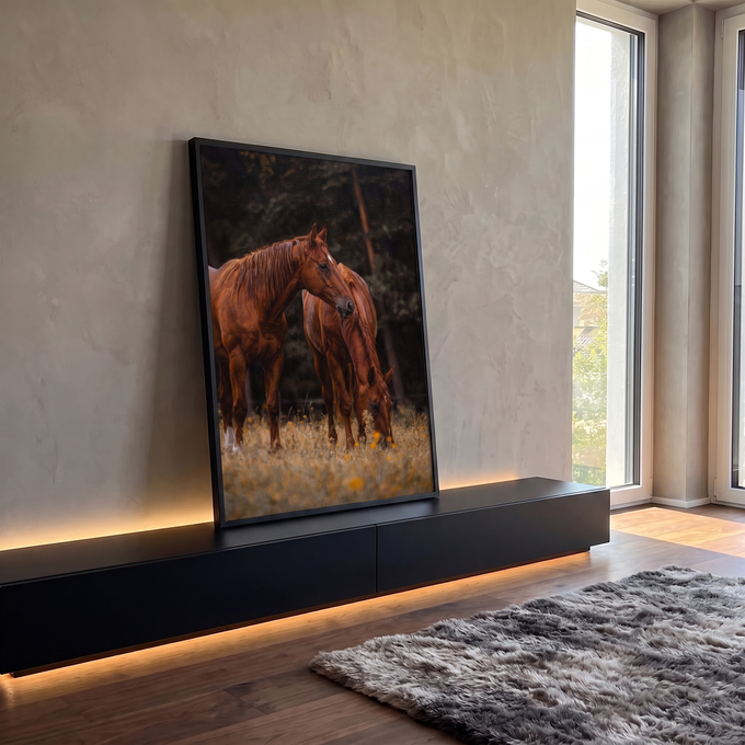Dois cavalos alazões, um pastando, em campo de flores amarelas com floresta ao fundo, quadro decorativo