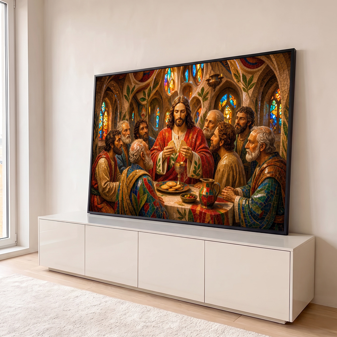 Jesus partindo o pão com os apóstolos em mosaico dourado e vitrais coloridos, quadro decorativo
