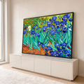 Quadro Decorativo Grande Íris Azuis de Van para Sala Azul | quadros decorativos para sala | campo de íris azuis e brancas com fundo de flores laranja e grama verde | em Quadros para Sala | Porao dos Quadros