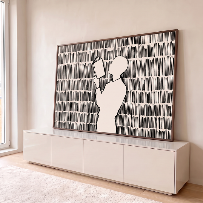 Quadro Decorativo Grande Silhueta Lendo Preto para Sala | quadros decorativos para sala | silhueta de pessoa lendo livro sobre fundo de traços pretos verticais | em Quadros para Sala | Porao dos Quadros